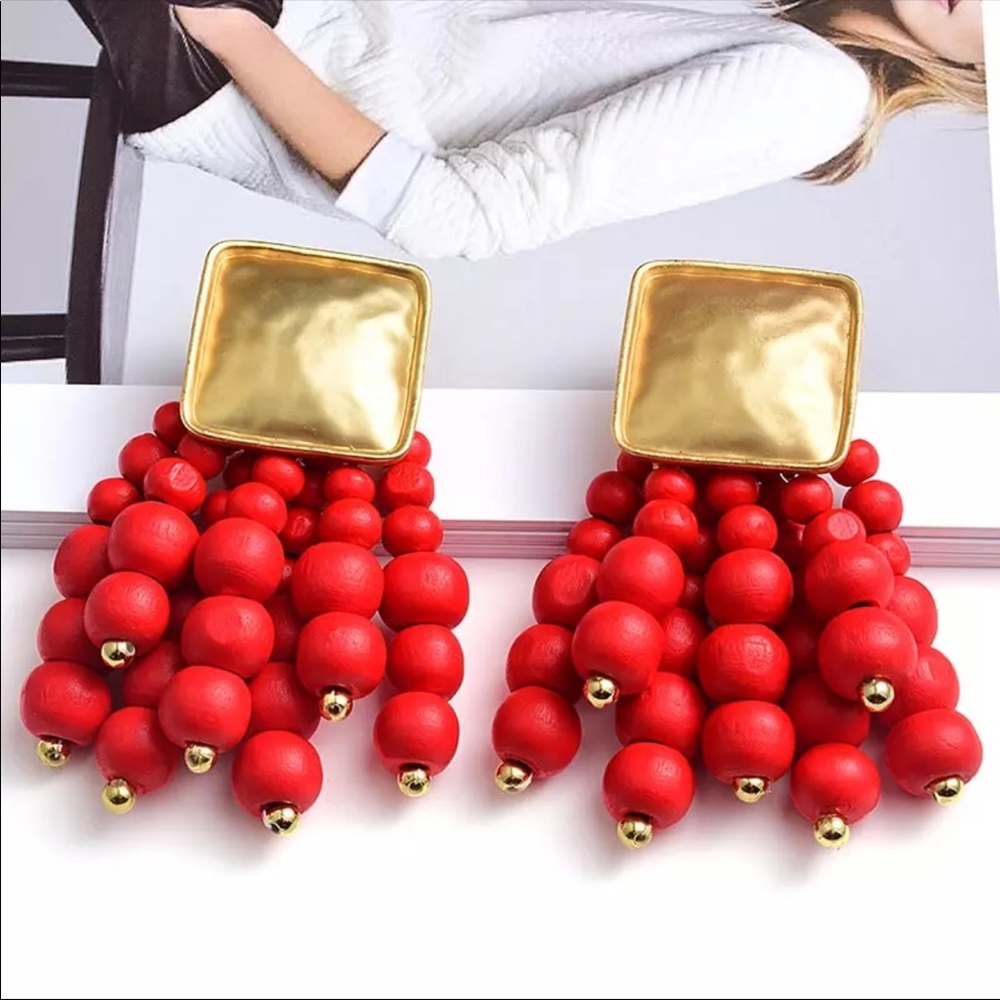 Red Beaded Drop Earrings - Picture 2 of 8